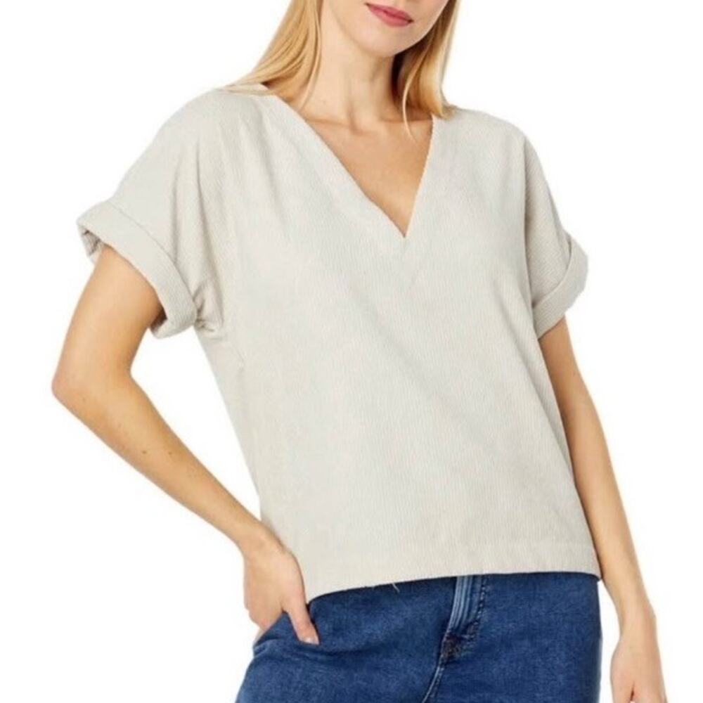 Madewell Light Cream V-Neck Rolled Sleeve Top